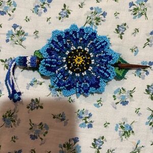 BOHO Blue Beaded Floral Hair Clip handmade
